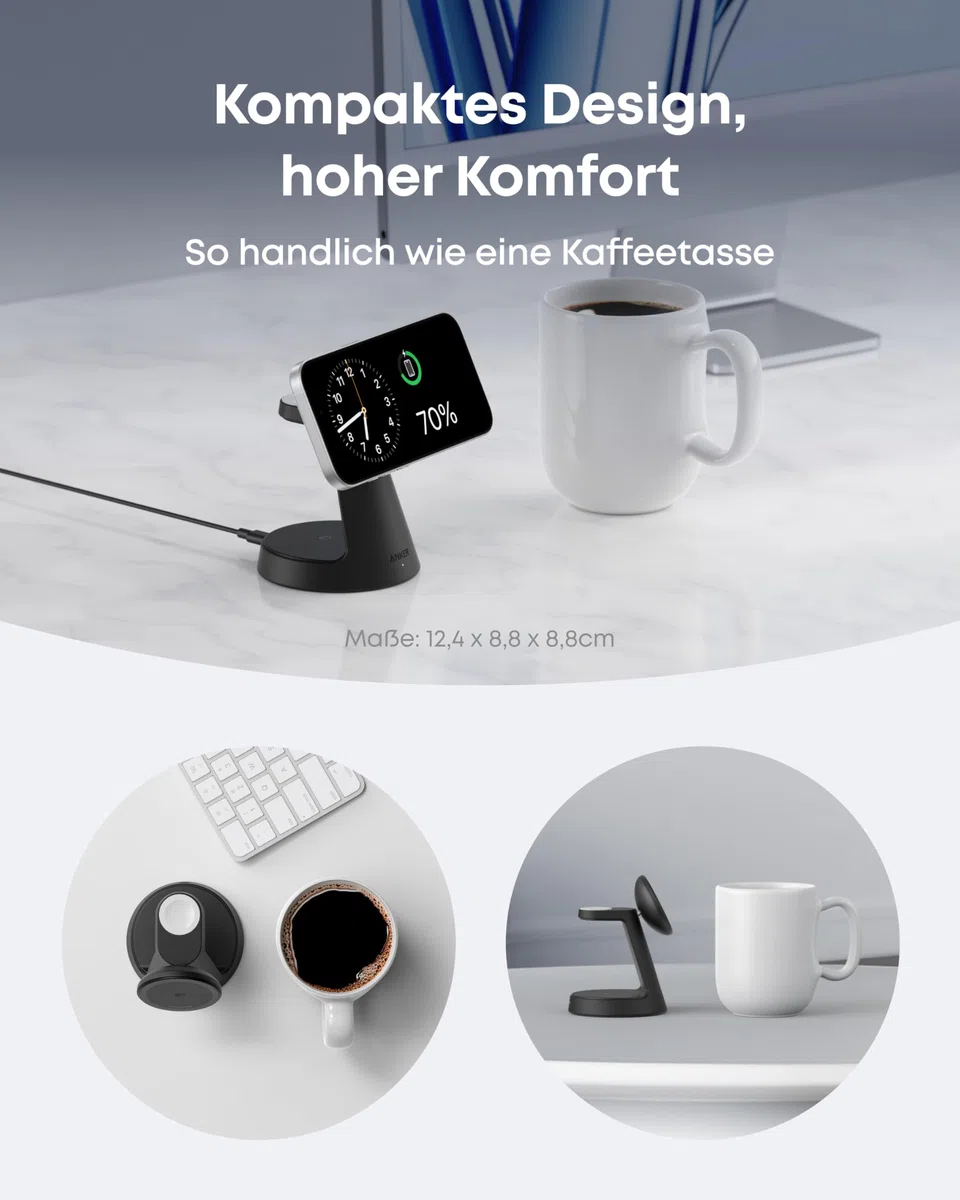 Anker MagGo 3-in-1 15W MagSafe kompatibles Ladegerät, iPhone Induktive Ladestation, Qi2-zertifiziert Wireless Charger für iPhone 17/16/15/14/13/12, Apple Watch, AirPods Pro und mehr (Adapter inkl.)