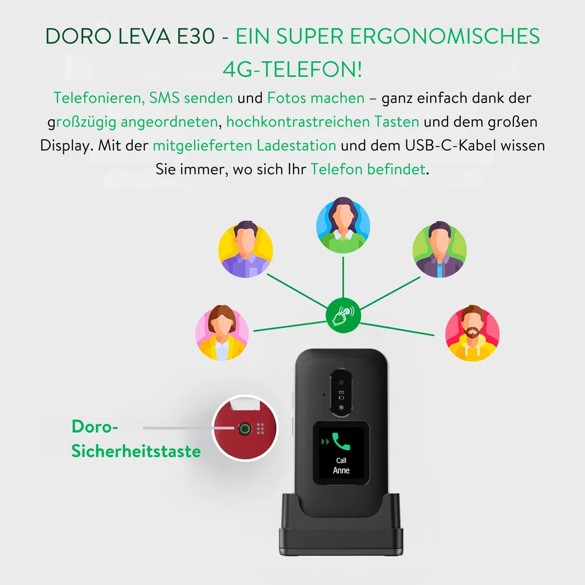 Doro Leva E30 - 4G Klapptelefon für ältere Menschen - Großer 2,8-Zoll-Bildschirm, externes Display, kontrastreiche Tasten, lauter & klarer Klang, Kamera - Doro Secure-Taste - Ladeschale - Schwarz/Weiß