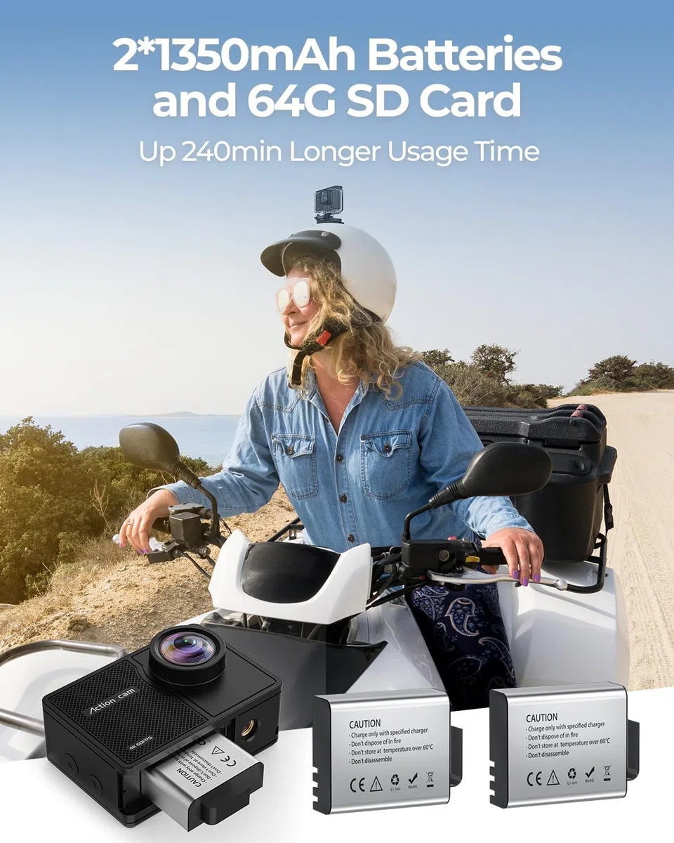 4K 60FPS Action Cam, Unterwasserkamera mit 64G SD Karte 48MP HD WiFi Kamera mit EIS 40M Wasserdicht Actionkameras Weitwinkel Sportkamera mit 2 * 1350 mAh Akkus Helmhalterung Zubehör Kits