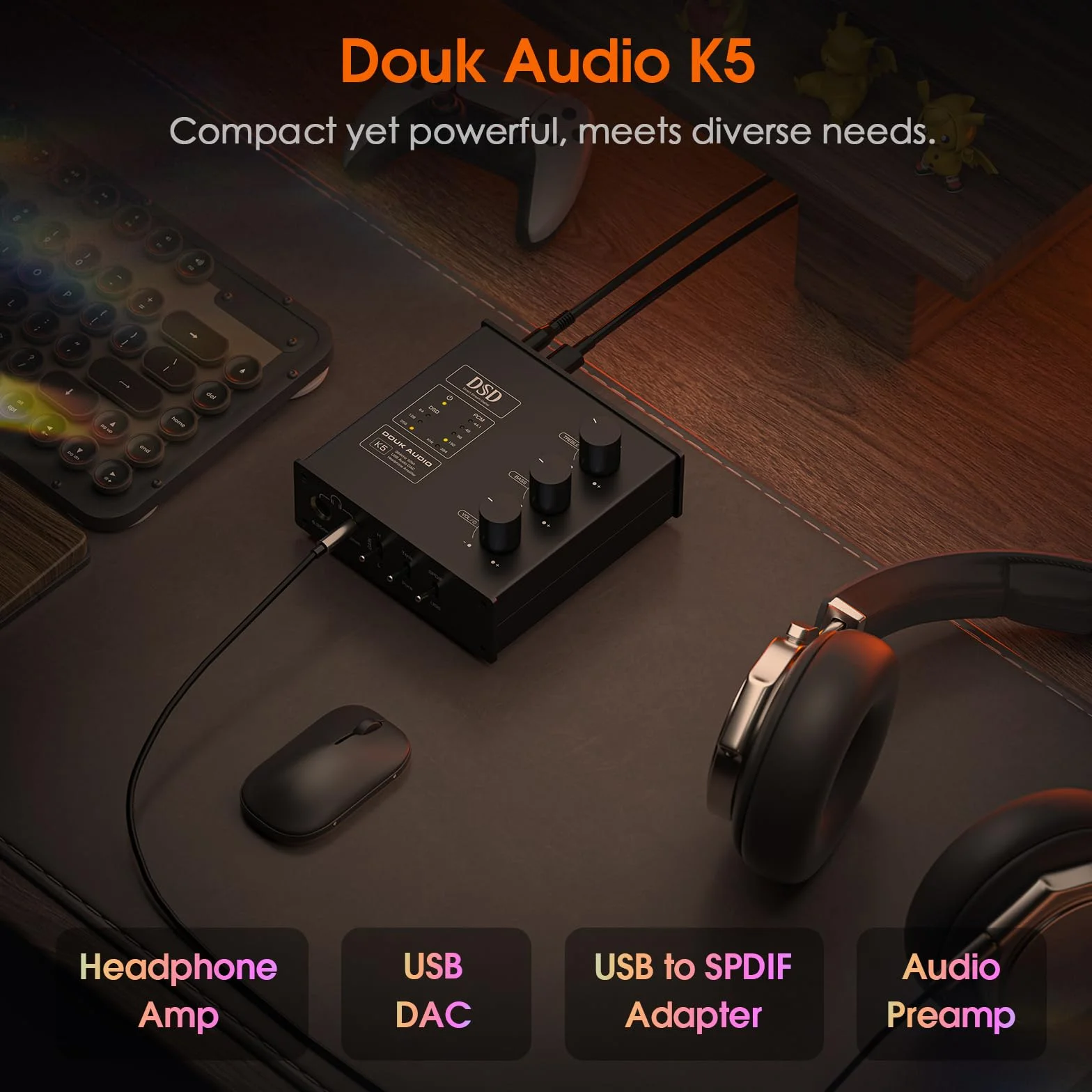 Douk Audio K5 PC DAC Kopfhörerverstärker mit USB & Optischem Eingang DSD256 für Verstärker, Lautsprecher, Mac, Computer