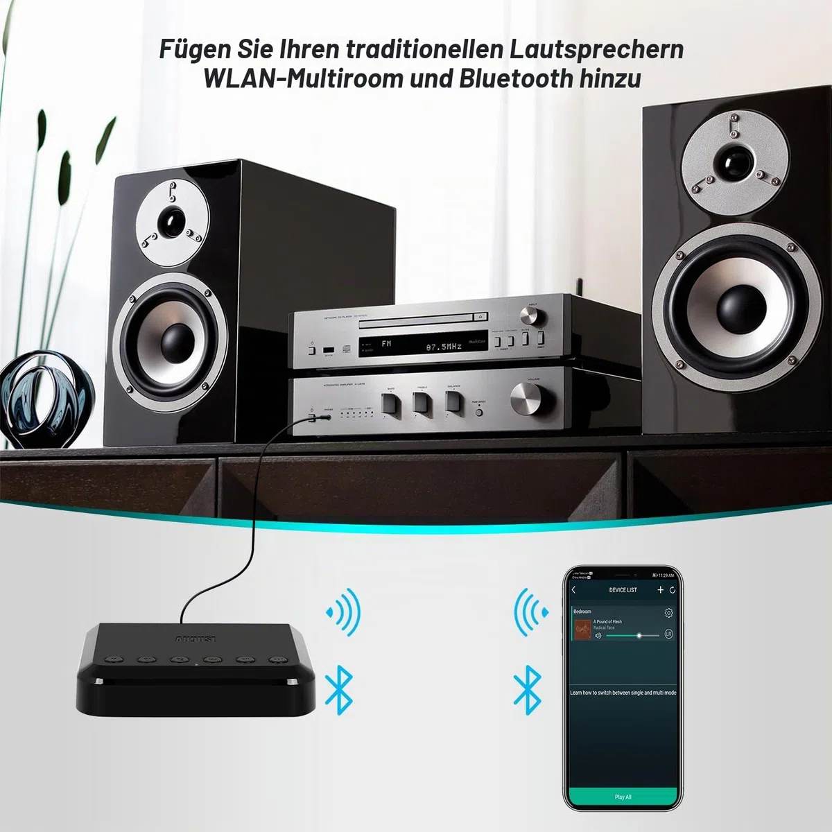 August WR320 WLAN Audio Receiver WiFi Bluetooth Multiroom Adapter für Lautsprechersysteme-kabelgebundene Lautsprecher in drahtlose Konvertieren-Aux Ethernet-kompatibel mit Airplay Spotify Radio DLNA