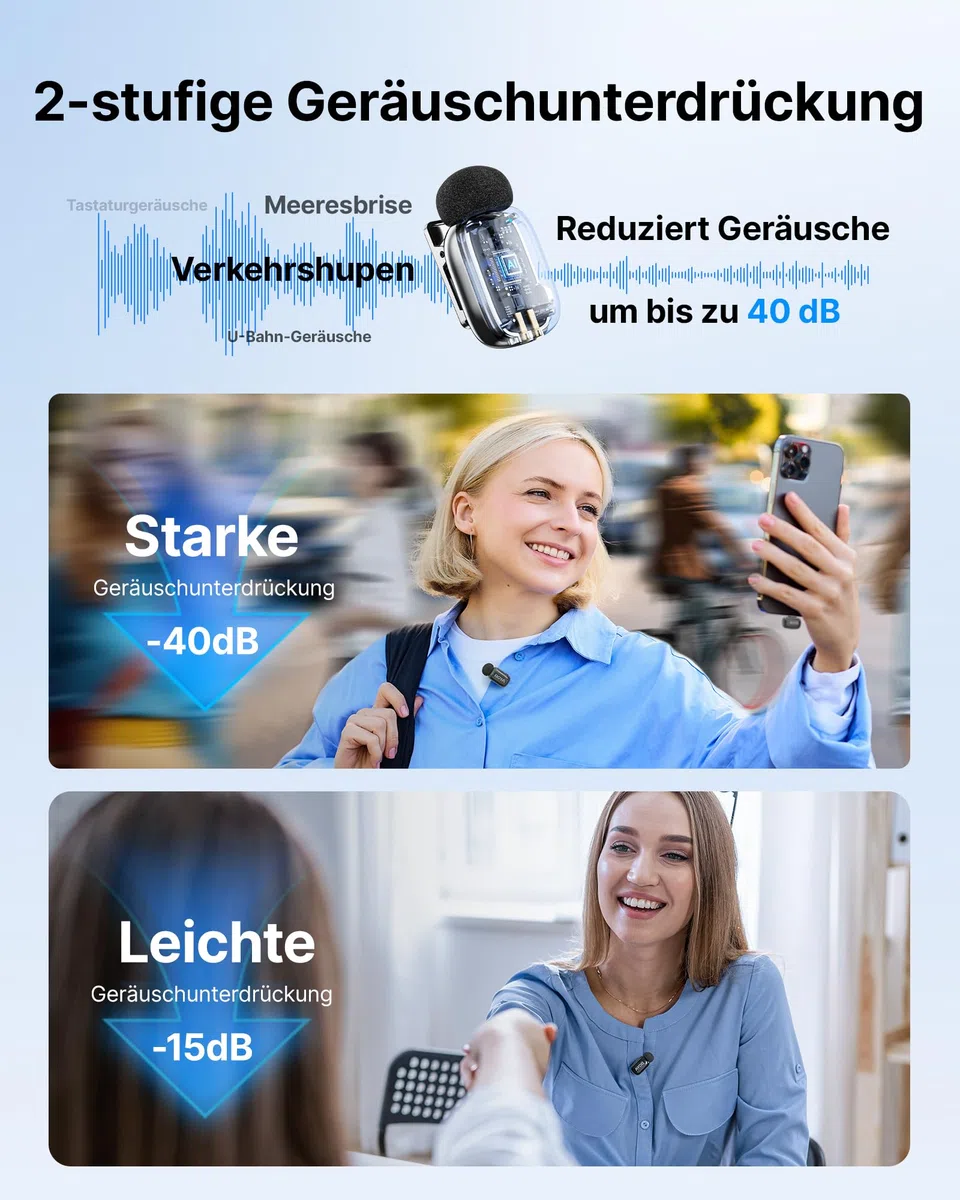 BOYA MINI 2 Mikrofon Handy, 48kHz/24Bit, 100m, 30h, USB-C, Kabelloses Lavalier-Mikrofon für iPhone 15 16 17 Serie, Android