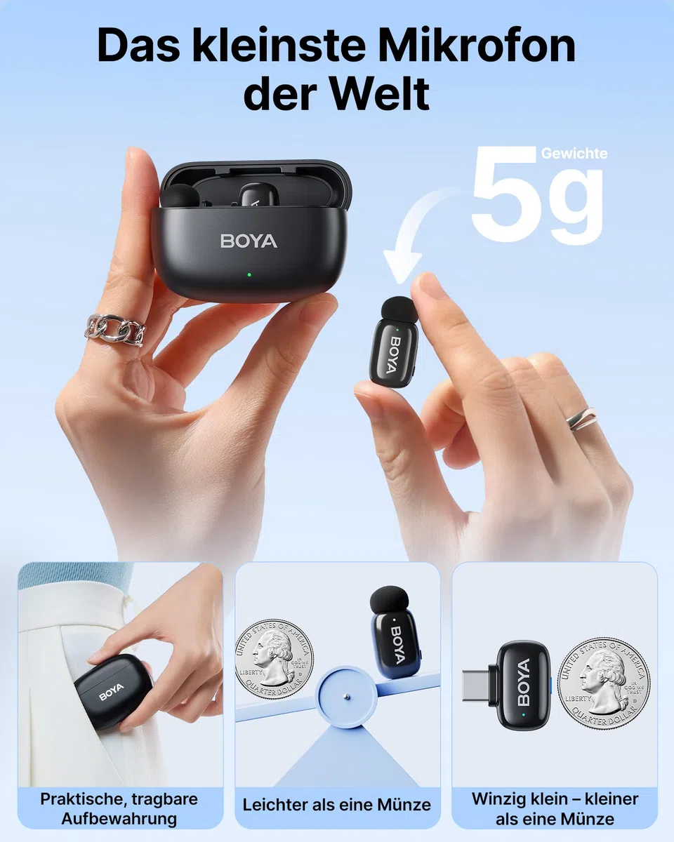 BOYA MINI Mikrofon Handy (2 Sender + 1 USB-C Empfänger + Ladeschale), 5g Ultraleicht, 48 kHz 24 Bit, Ansteckmikrofon, Kabelloses Lavalier-Mikrofon für iPhone, Android, Vlog, Rauschunterdrückung