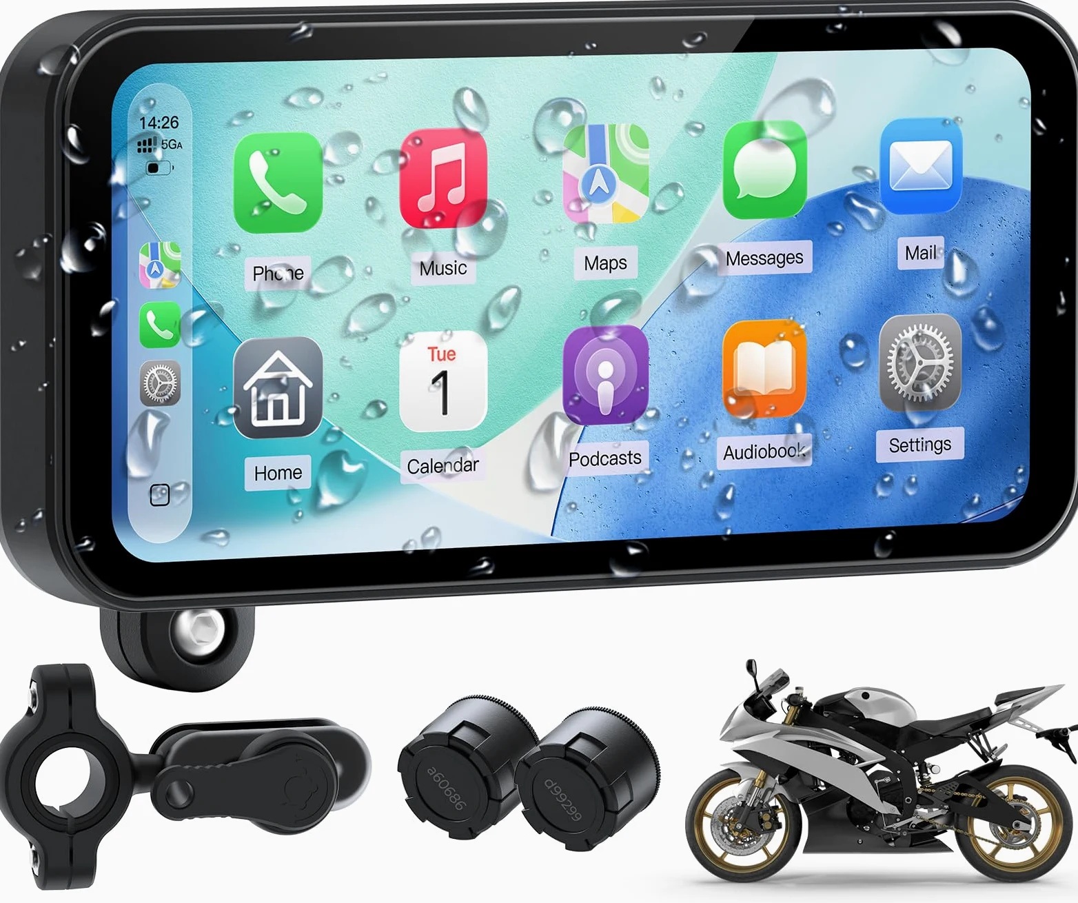 W622 Motorrad kabelloses CarPlay Display 6,25" Touchscreen,kompatibel mit Apple CarPlay & Android Auto,Navi, Sprachsteuerung,IP67 wasserdicht,TPMS,Dual Bluetooth,USB/Acc Stromversorgung