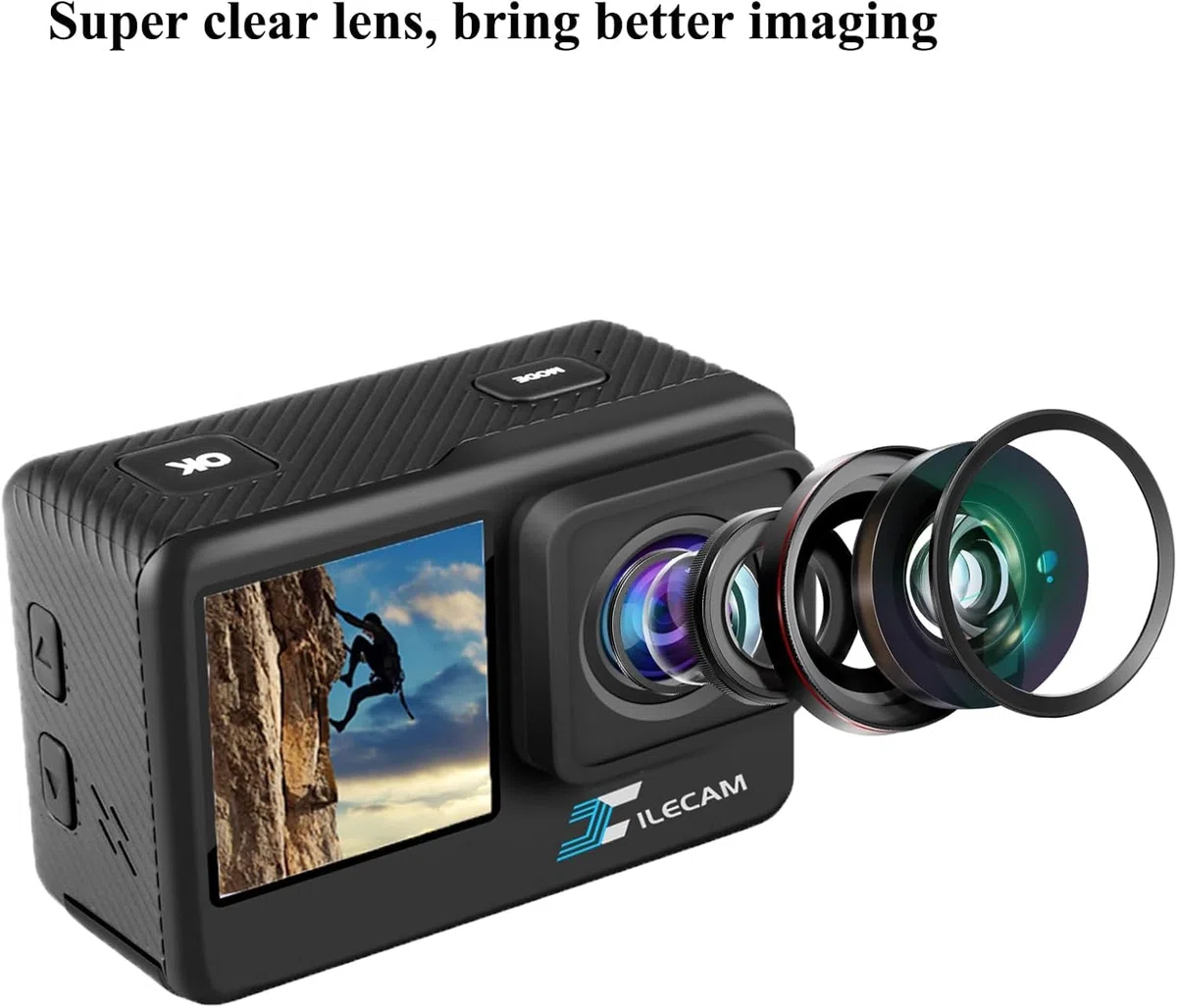 Xilecam Dual Screen Action Cam 1080P 32 GB Karte wasserdichte Kamera wasserdichte Unterwasserkamera mit 2 x 1050 mAh Akku （Schwarz）