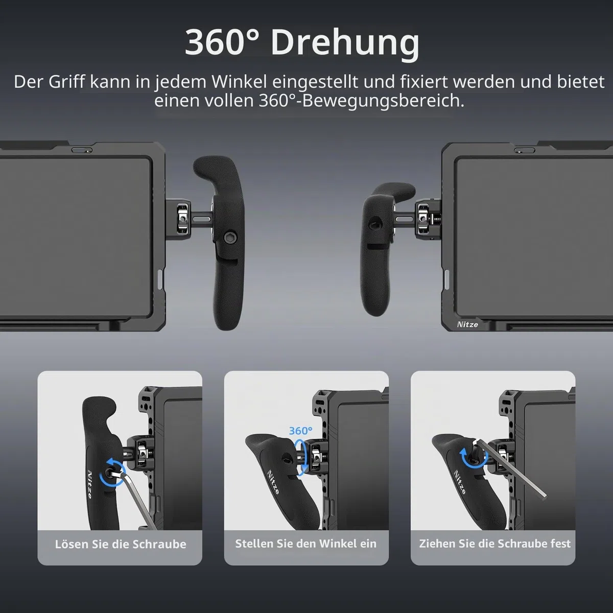 Nitze PA32D Seitengriff-Kit mit 1/4"-Schraube und abnehmbaren Positionierstiften, 360° verstellbare Griffe für Smartphone/iPad/Monitor/Kamerakäfige