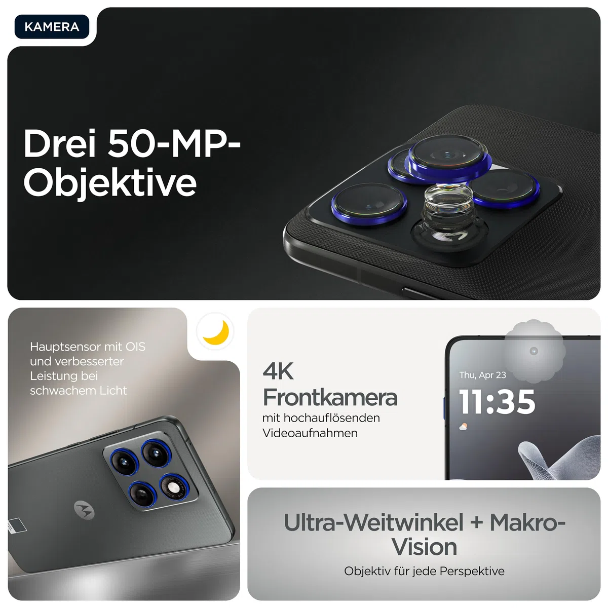 Motorola Edge 70 Smartphone (Robustes 6,67"-pOLED-Display mit Gorilla Glass 7i, 50-MP-Kamera, 12-512 GB, Wasser- und hitzebeständig, 68W-TurboPower-Aufladen), Pantone Gadget Gray, inkl. Magnetcover