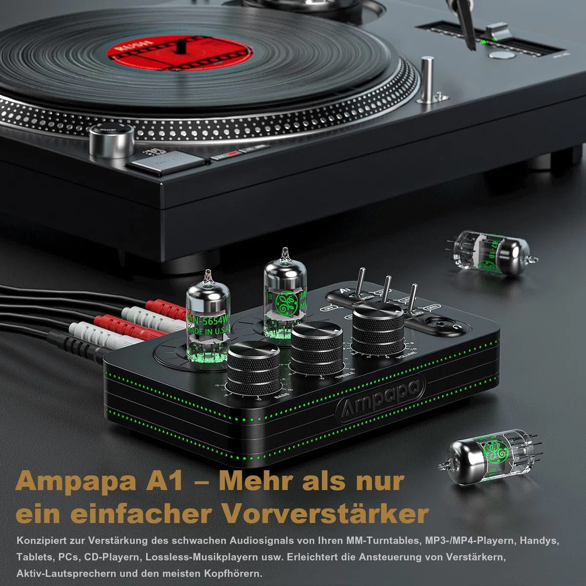 A1 Phono Röhren Vorverstärker, Hi-Fi Audiophiler Vorverstärker, Kopfhörerverstärker, für MM Plattenspieler, mit Ton anpassen für Home Audio Plattenspieler Lautsprecher, Desktop Computer