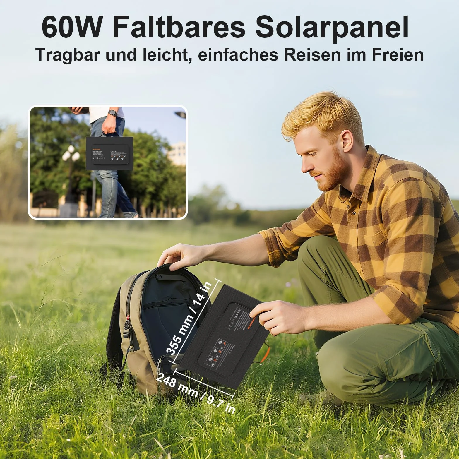 60W Tragbares Solarladegerät mit Ständer, Faltbares Solarpanel mit USB-C, USB-A und DC-Ausgängen, für Camping, Wandern, Notstromversorgung für Kleine Stromgeneratoren, Telefone, Powerbanks