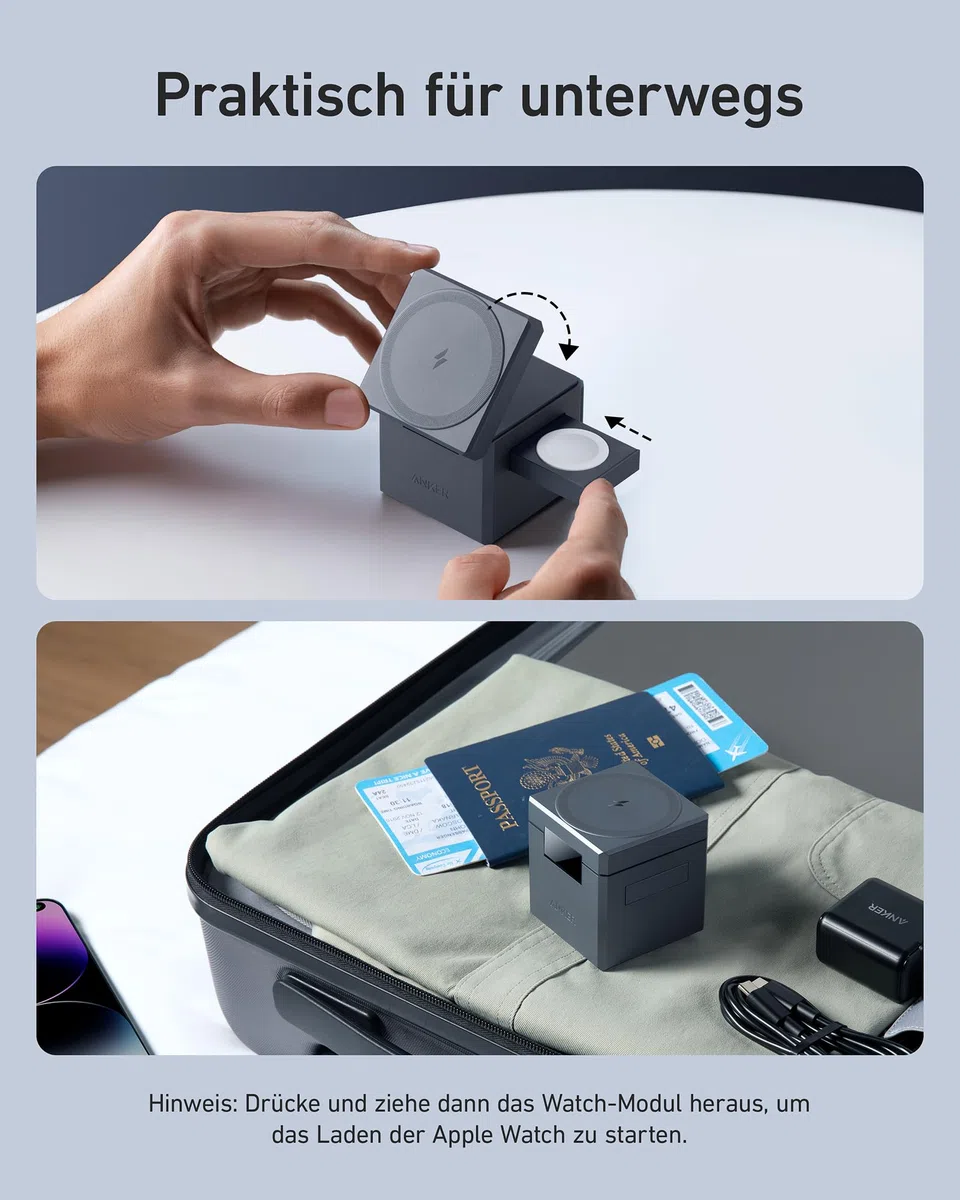 Anker 3-in-1 Cube mit MagSafe, 15W kabellose Höchstladeleistung, Kompatibel mit iPhone 17/16/15/14/13/12 Serien, Apple Watch Serie 1-7 / SE, und AirPods Pro / 3/2 (Inklusive 30W Netzteil)