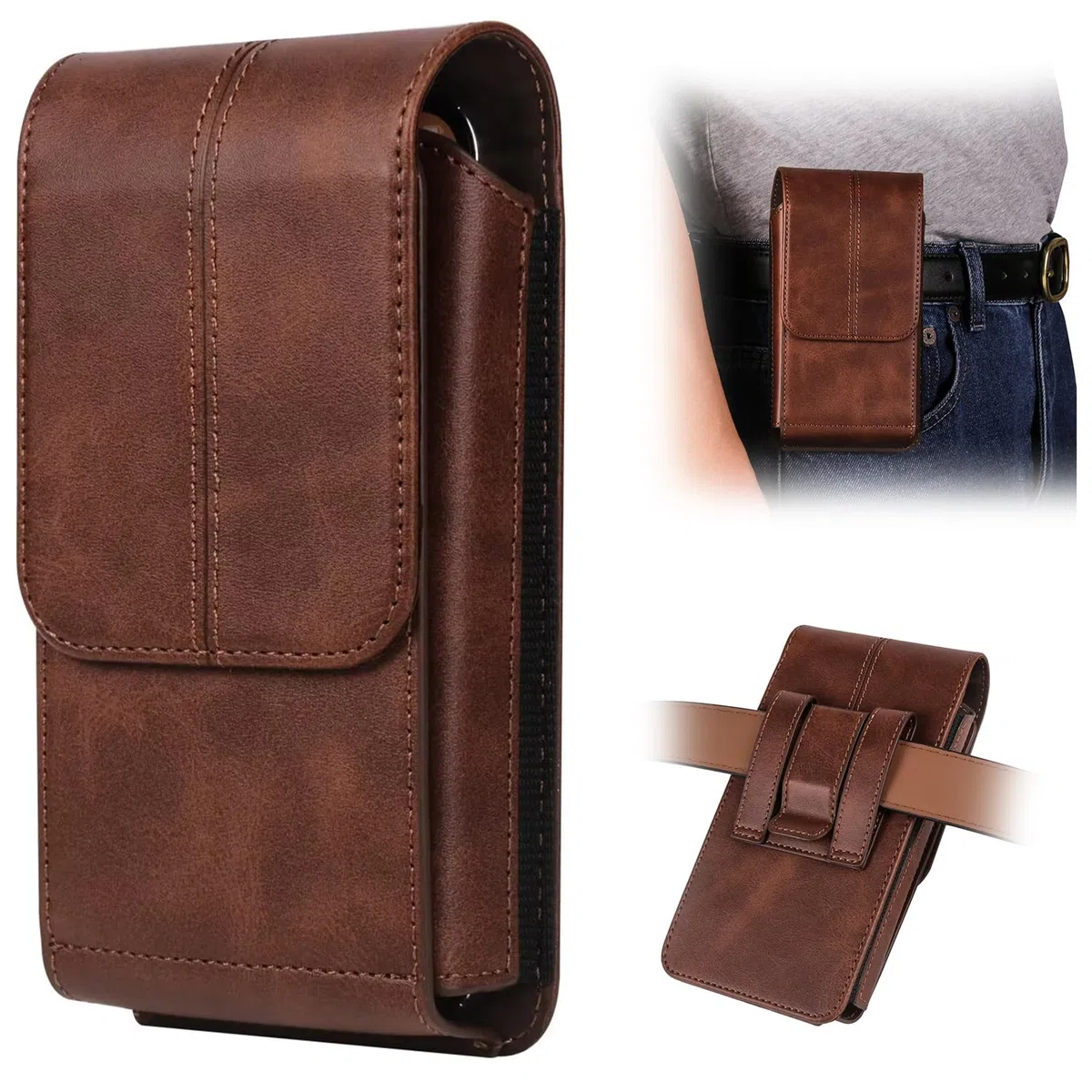 Herren Handy Gürteltasche Handytasche Gürtel Holster Leder Tasche Gürtelclip Hülle Case mit Card Slots für iPhone 17 16 15 14 13 12 Pro Max 7 8 Plus, Samsung Galaxy S25 S24 S23 S22 Plus S21 S20 FE