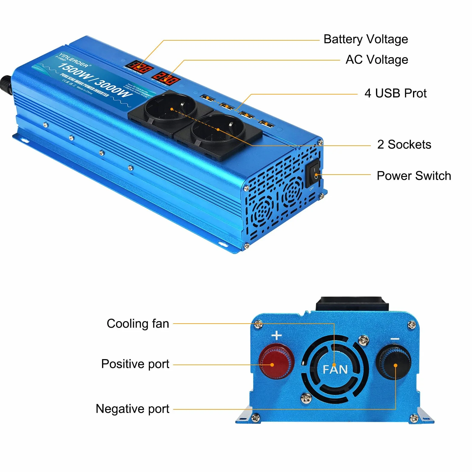 Wechselrichter 12V 230V 1500W /3000W Reiner Sinus Spannungswandler mit 2 Steckdose 4 USB Anschlüsse 2 LED