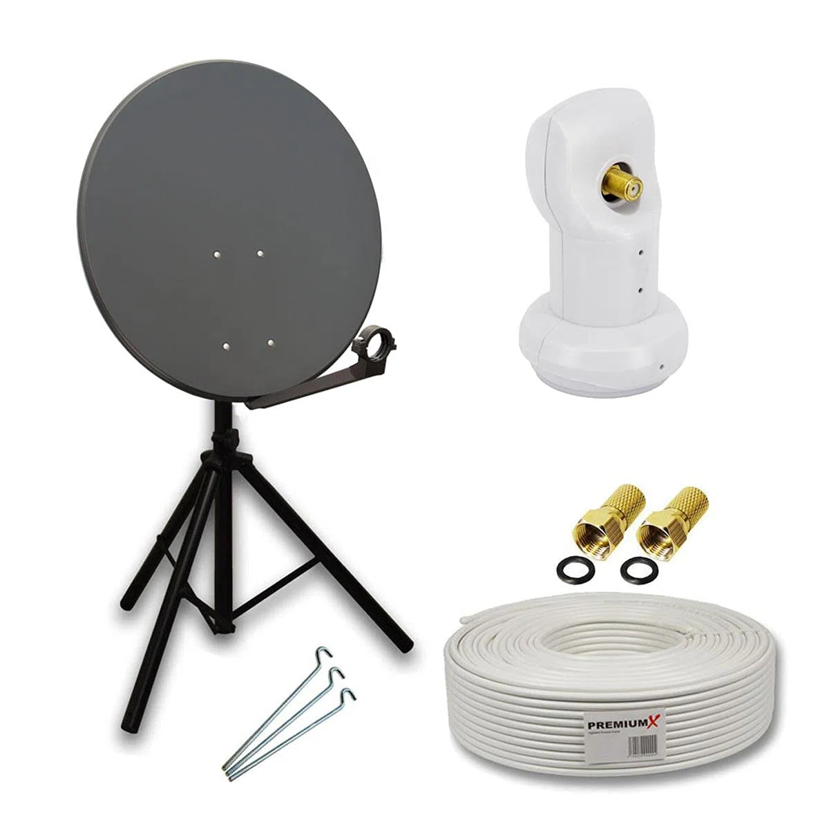 PremiumX Camping Satelliten-Komplettanlage 80cm Satellitenschüssel SAT Single LNB 10m Kabel F-Stecker Dreibein-Stativ