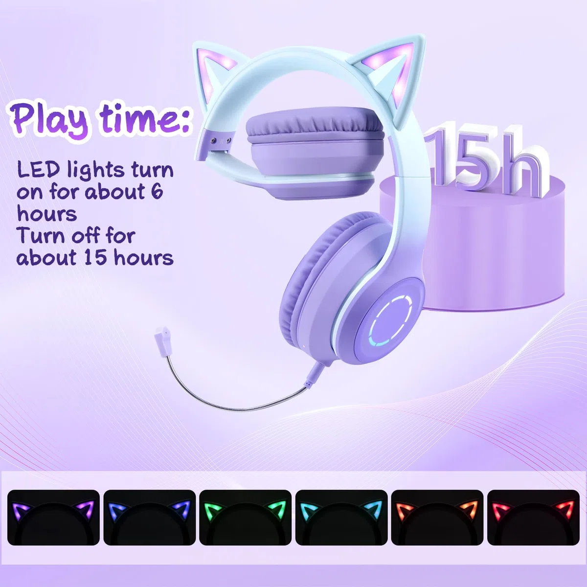 Sendowtek Kinder Kopfhörer, Mädchen Bluetooth Kopfhörer Over Ear Katze Kinderkopfhörer mit Abnehmbarem Mikrofon LED Licht, Faltbare Kabellos Kopfhörer für Kinder Erwachsene Schule/Tablet/PC/Phone