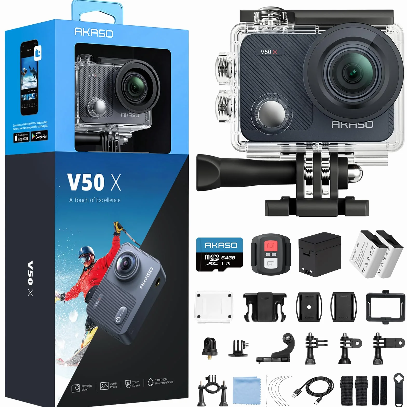 AKASO V50X Action Cam 4K30FPS mit 64GB U3 Speicherkarte Unterwasserkamera WiFi 40M EIS Anti-Shake Action Kamera 4X Zoom mit Touchscreen, Fernbedienung, Sportkamera Wasserdicht Gehäuse,Helmzubehör