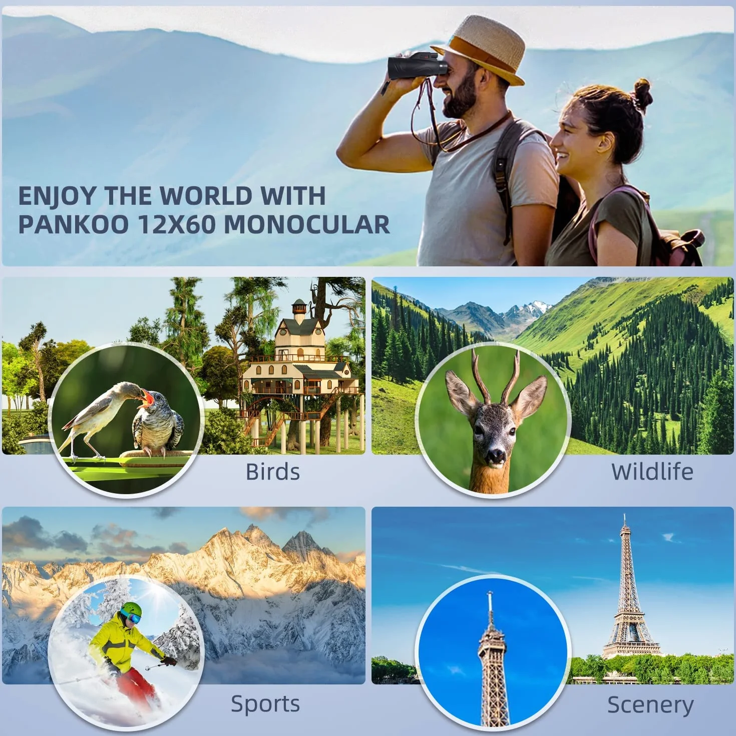 Pankoo 12 x 60 Monokularteleskop High Powered mit Smartphone Adapter Stativ und tragbarer Tasche, größeres Vision Monokular für Erwachsene mit BAK4 Prisma eFMC Objektiv, geeignet für Vogelbeobachtung