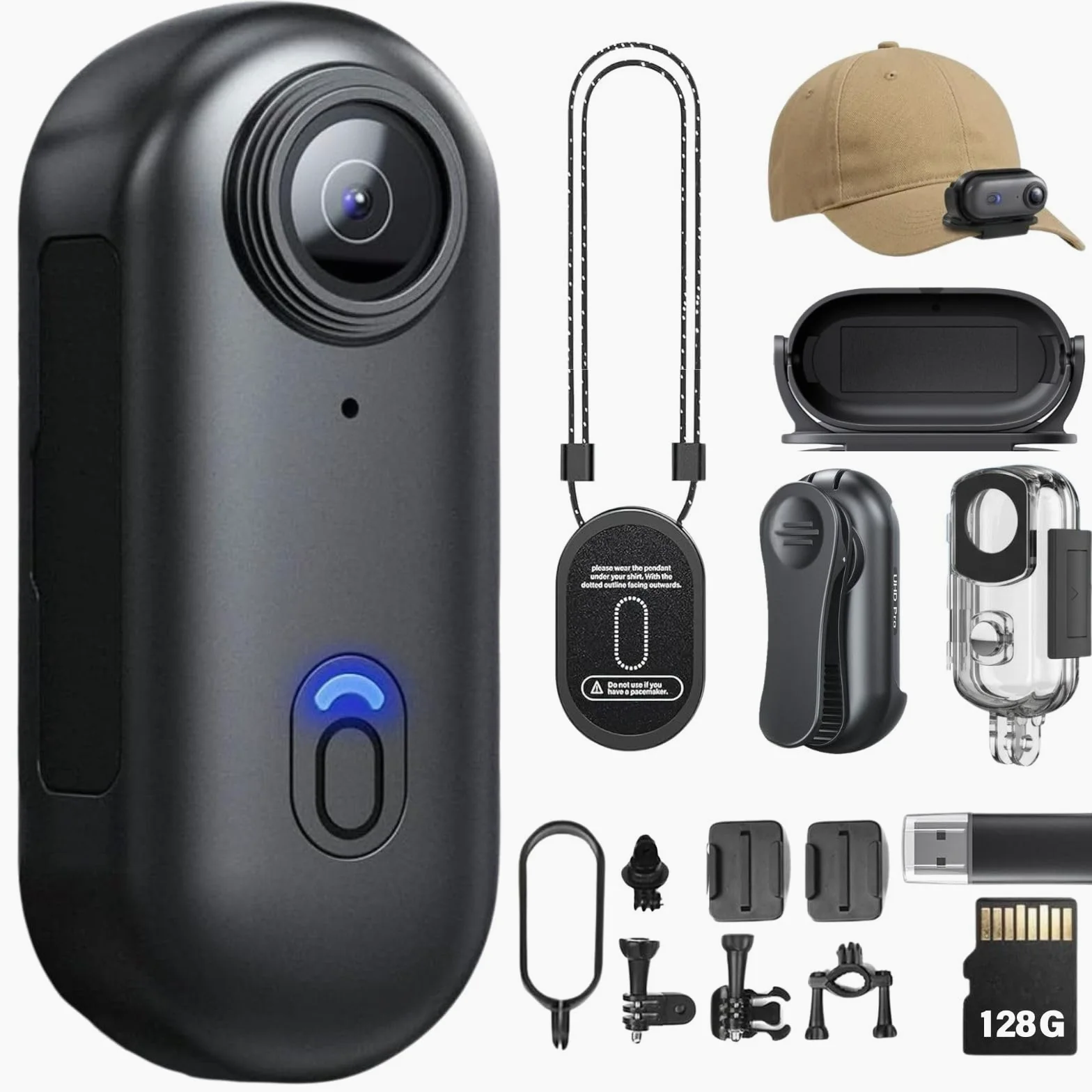 128G 4K Daumen Action Kamera, winzige Größe, Mount überall, kleine Körperkamera mit Federclip, tragbares Vlogging, Handsfree POV Aufzeichnung, Helm Cam für Radfahren, Motorrad(4k-P-128G)