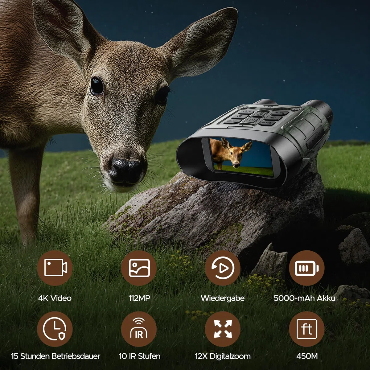 Nachtsichtgerät, 4K 112MP Infrarot-Fernglas Nachtsichtgerät, Nachtsichtgeräte Jagd 12X Digitalzoom Reichweite 450M, 5000mAh Wiederaufladbares, 64GB TF-Karte für Jagd Sicherheit Camping