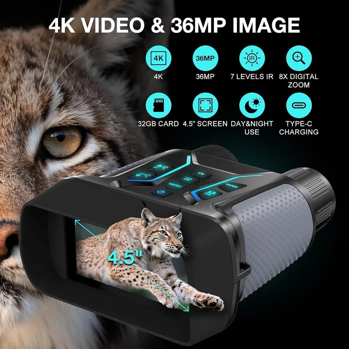 Nachtsichtgerät 4K 36MP, 8X Digitaler Zoom Fernglas mit 7-Stufiges Nachtsicht, 4.5“ HD-Display 4500mAh Wiederaufladbares Infrarot Fernglas Nachtsichtgeräte für Camping mit 32GB TF Karte