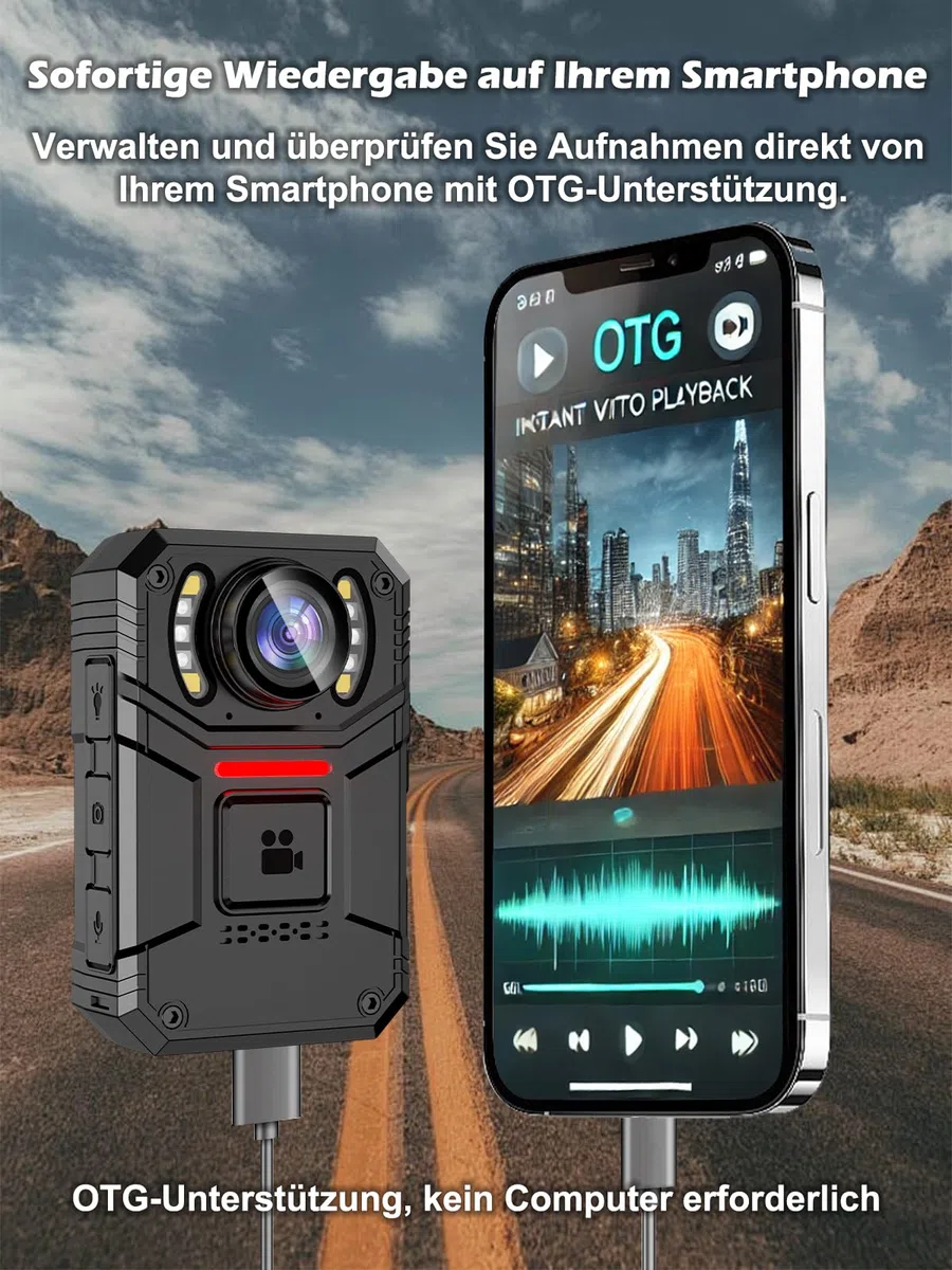 SPIKECAM Echte Body Cam 4K, Bodycam Körperkamera Mini 4K mit OTG, SOS-Alarm, Taschenlampe, Audio- und Videoaufnahme, Handy Body Camera für Polizei- und Sicherheitsdienste, 64GB