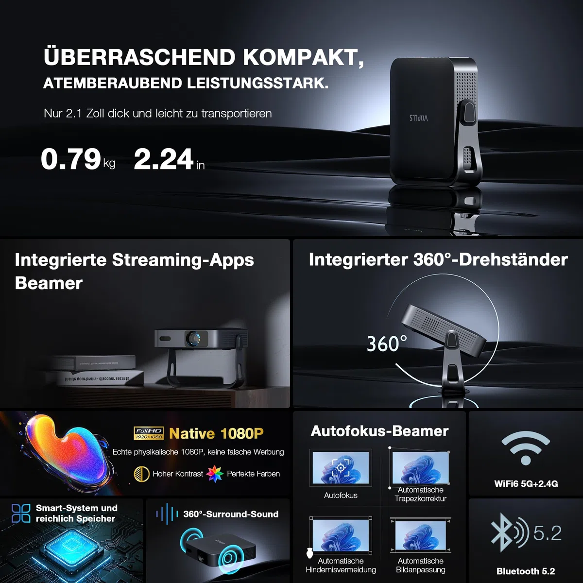 VOPLLS Mini Projektor 1080P Full HD WiFi6 Bluetooth 4K Heimkino Autofokus Trapezkorrektur 800ANSI Schwarz