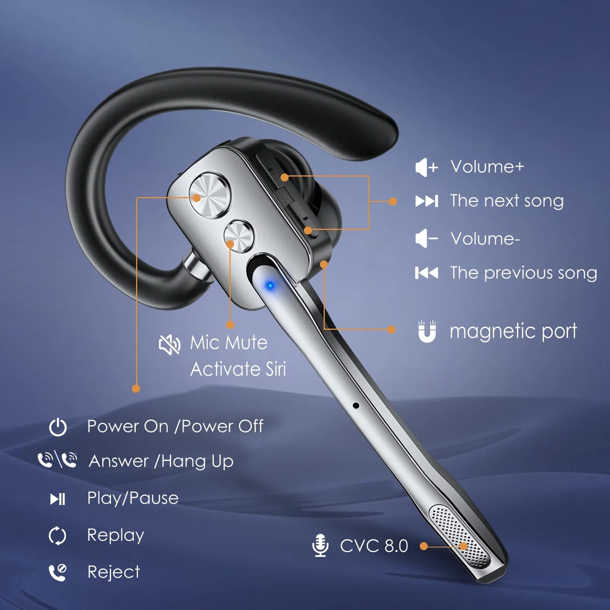 Bluetooth Headset V5.3 Wireless Freisprech Headset mit Dual Mic & Mute Funktion, 24h Spielzeit In Ear Kopfhörer für iOS Android