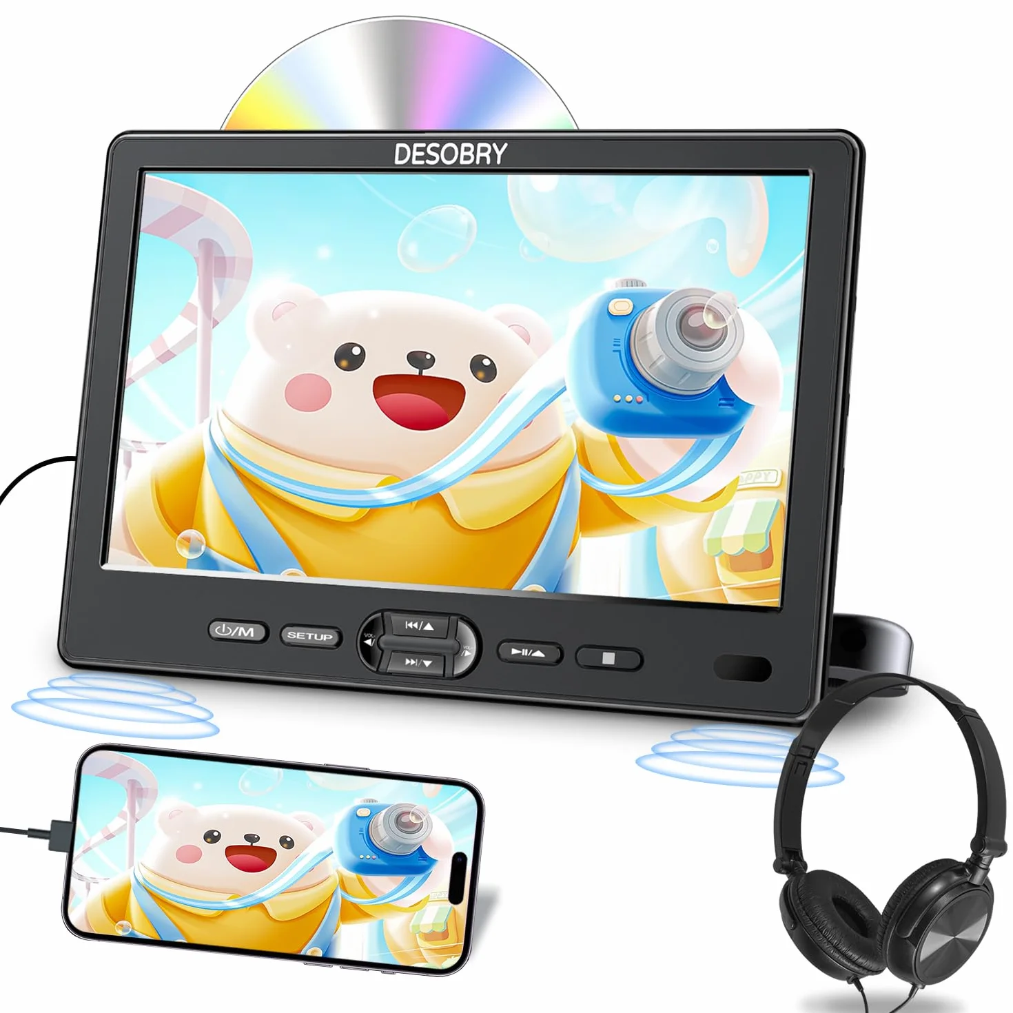 DESOBRY 10,5 Zoll Auto DVD Player mit Kopfstützenhalterung, tragbarer DVD-Player für Auto mit Kopfhörer, Disc-Eingang mit Saugnapf, Unterstützung von 1080P-Video, HDMI-Eingang, USB/SD-Kartenleser