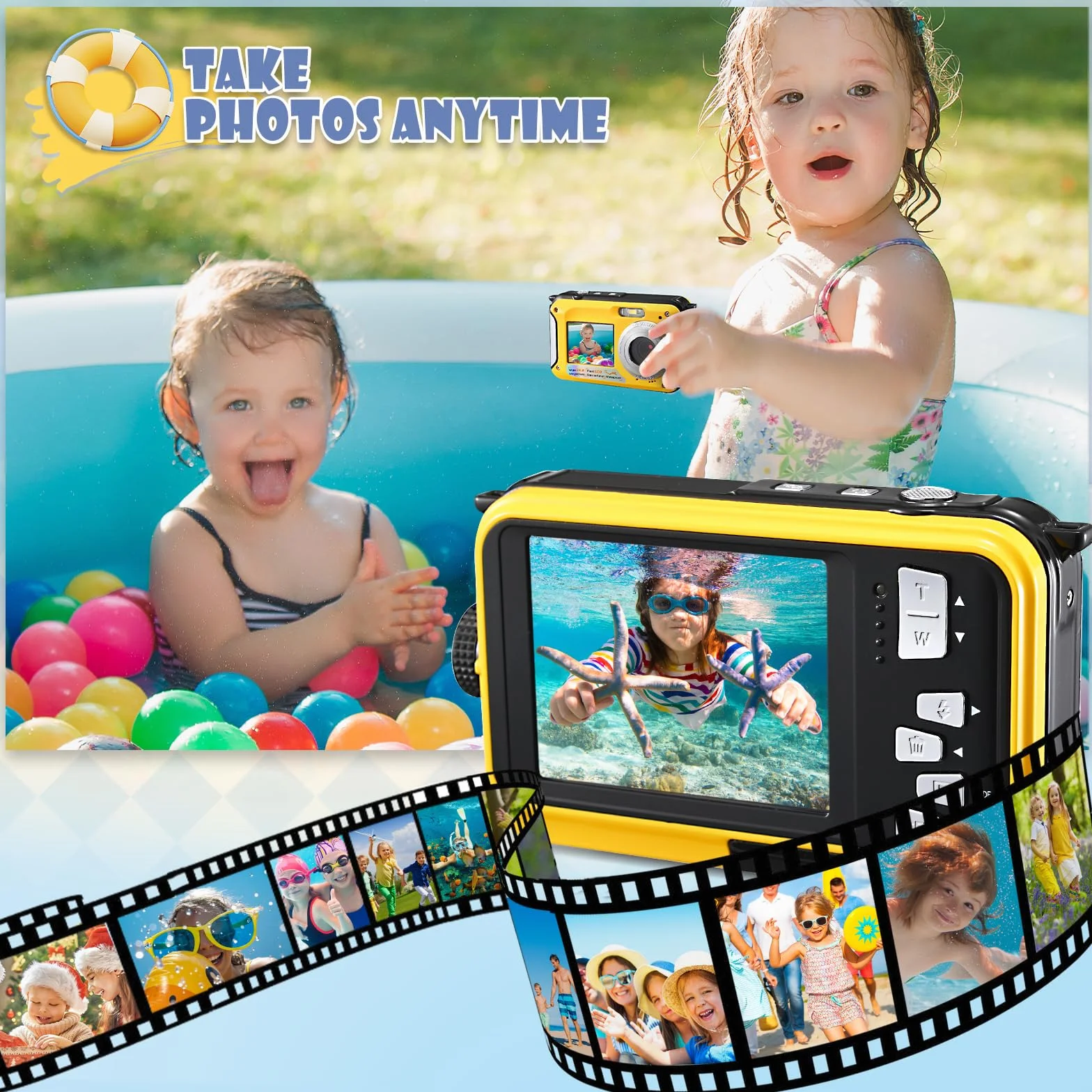 Unterwasserkamera Full HD 2.7K 48MP,Digitalkamera wasserdichte Doppelbildschirm Anti-Shake mit LED-Mikrofon 16 x Digital zoomSnorkelling,Unterwasserkamera for Self-Timer Underwater (Gelb)