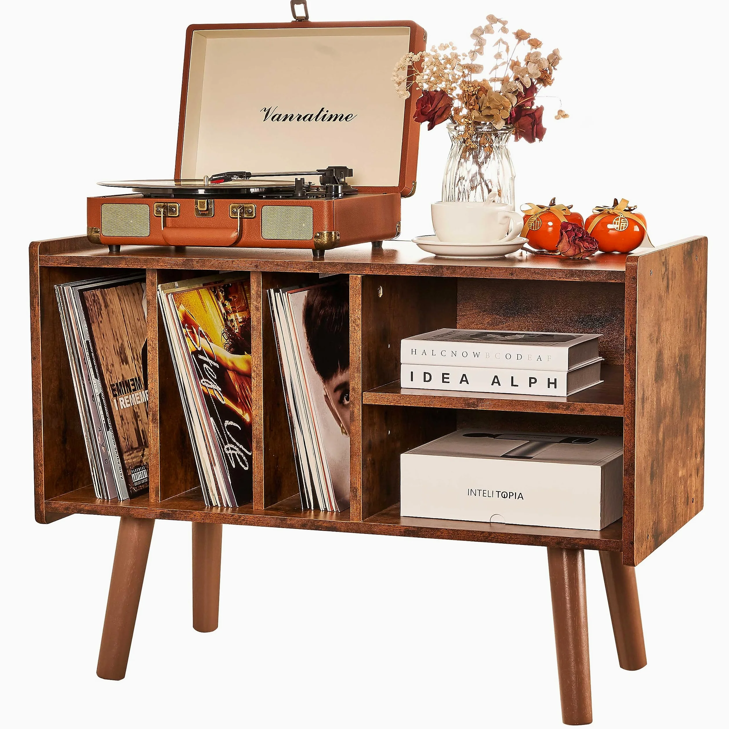 Record Player Stand with 4 Cabinet Holds Up to 220 Albums, Mid-Century Record Player Table, Black Vinyl Holder Storage Shelf for Bedroom Living Room (Brown)