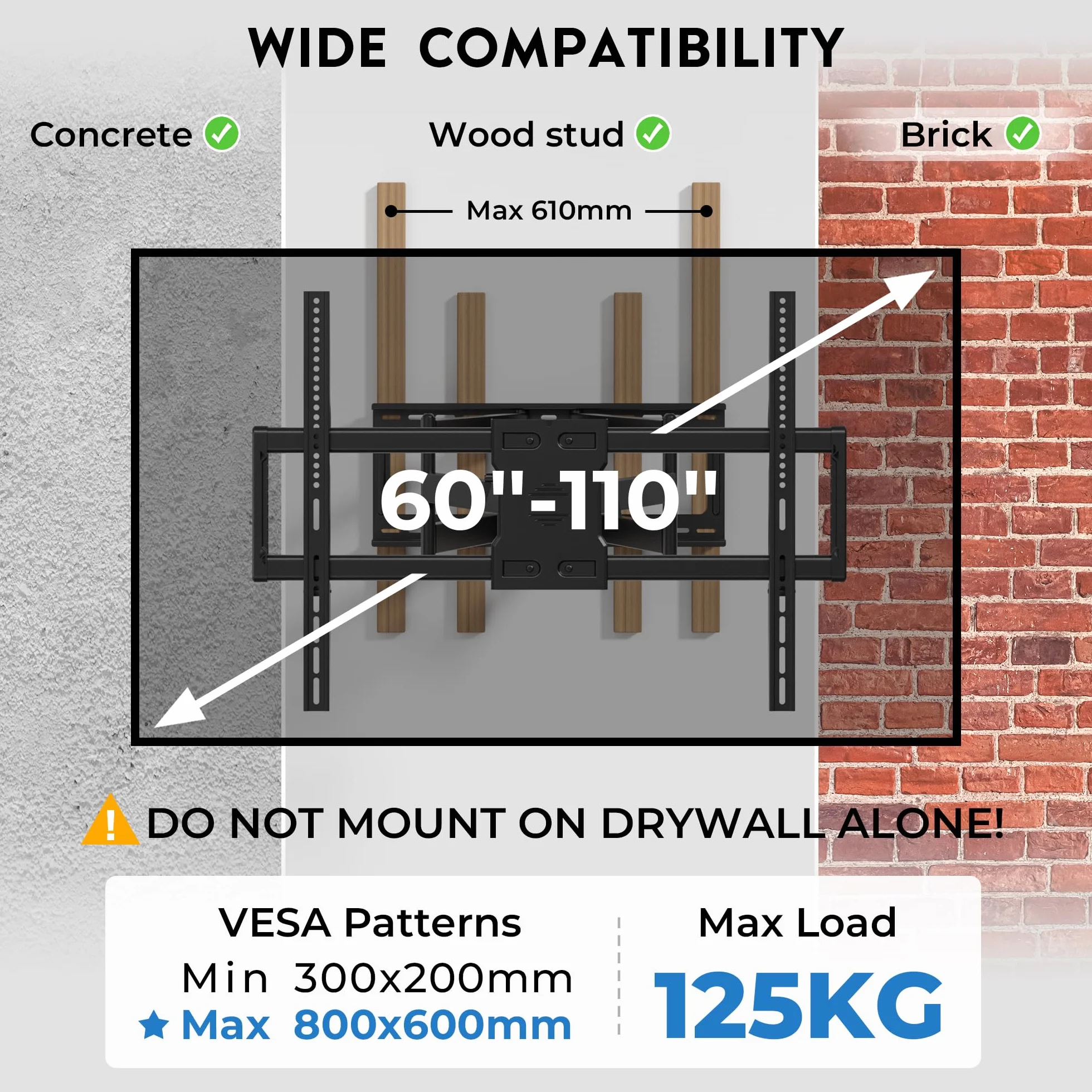 BONTEC TV Wandhalterung für 60–110 Zoll Fernseher bis 125 kg, Doppelarm 1016 mm Auszug, neigbar schwenkbar, VESA 800 x 600 mm