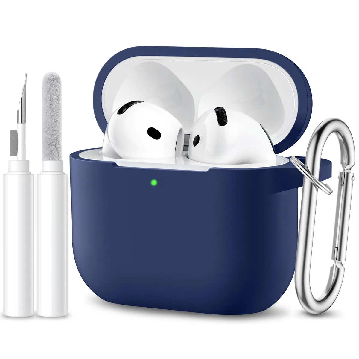 Maledan Hülle Kompatibel mit AirPods 4 Hülle Case 2024, Weich Silikon Ganzkörper-Schutzhülle für Apple AirPods 4 Generation Hülle mit Reinigungskit & Schlüsselanhänger [LED Sichtbar], Marineblau