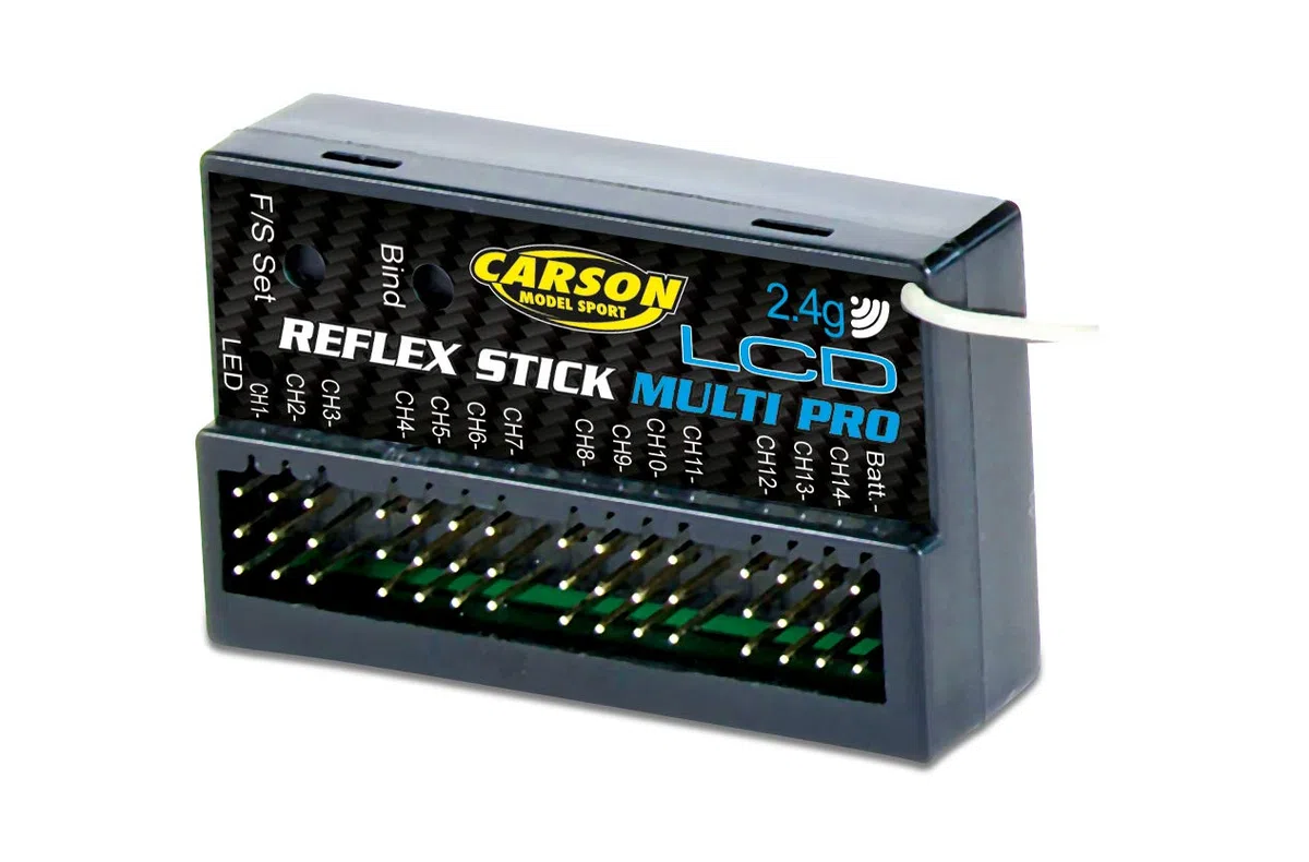 Carson FS Reflex Stick Multi PRO LCD 2.4 GHz 14-Kanal-Fernsteueranlage Fernbedienung mit Empfänger für RC Autos und Schiffe