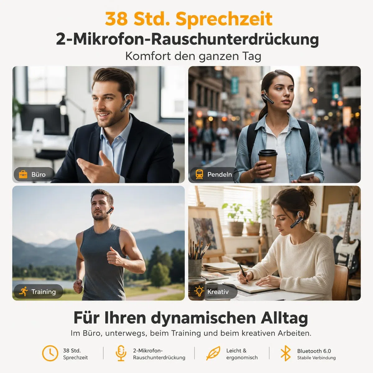 Bluetooth Headset V6.0 mit KI Geräuschunterdrückung 38 Std. Sprechzeit Single Ear Freisprech-Ohrhörer Dual Pairing Schwarz-Silber