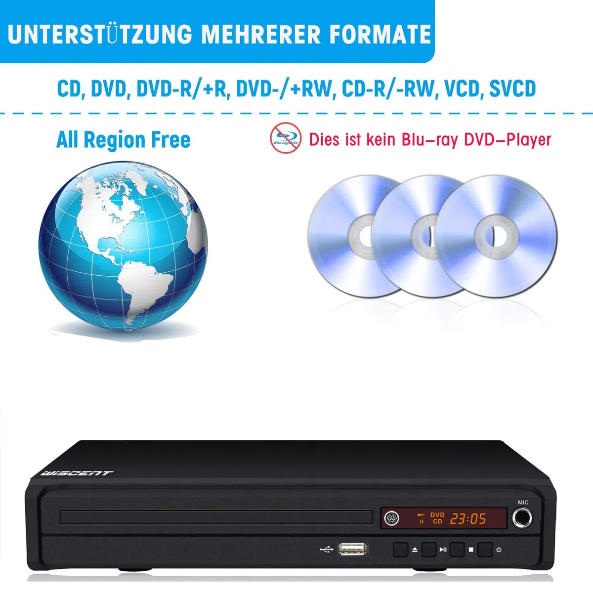 DVD-Player für TV mit HDMI, USB-Eingang – Kompakter Allregion-Player für DVDs & CDs
