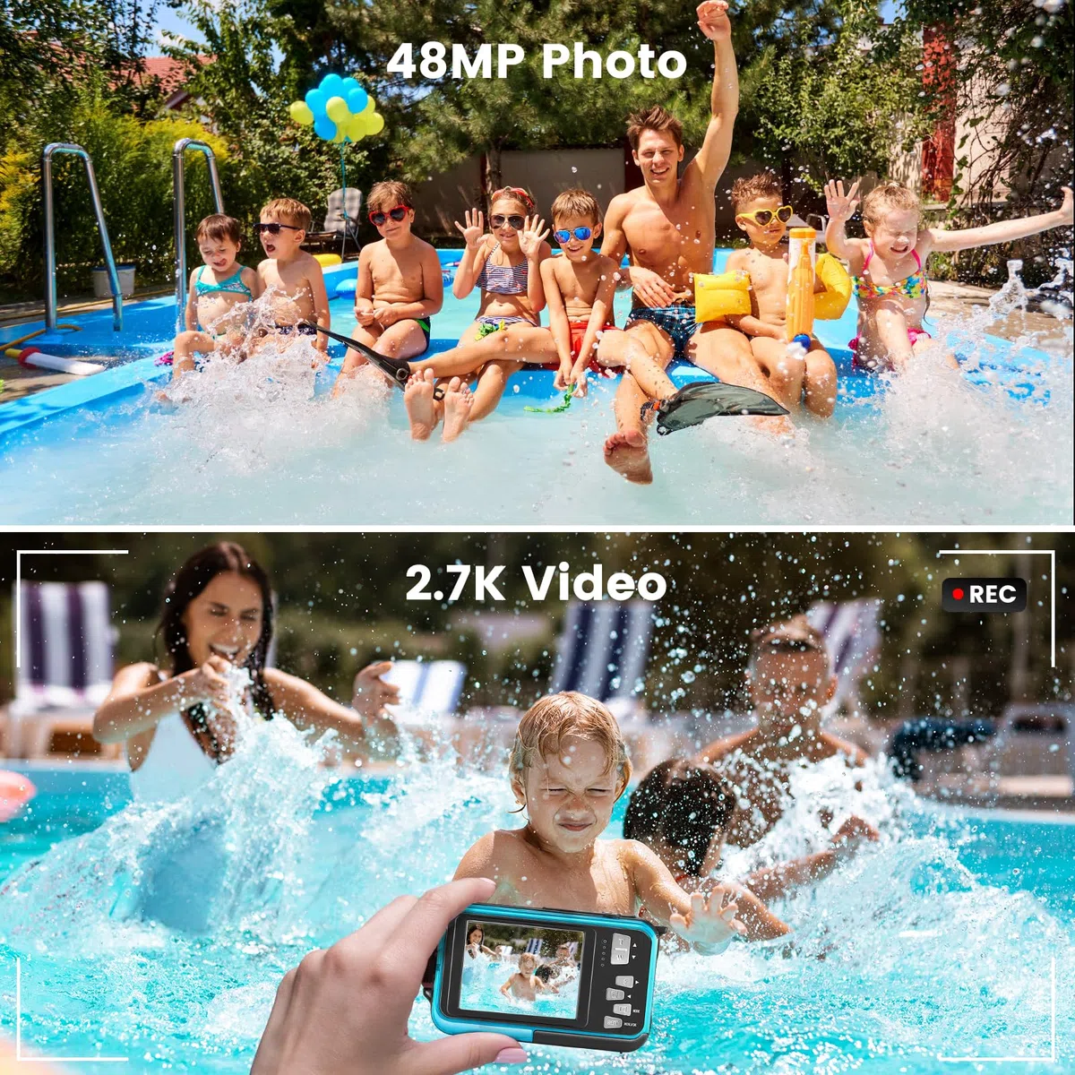 Unterwasserkamera, Full HD 2.7K 48MP Autofocus Digitalkamera 10FT Dual Screen wasserdichte Kamera Selfie Anti Shake 16X Digital Zoom Schnorcheln Digitalkamera für Schnorcheln Schwimmen, Blau