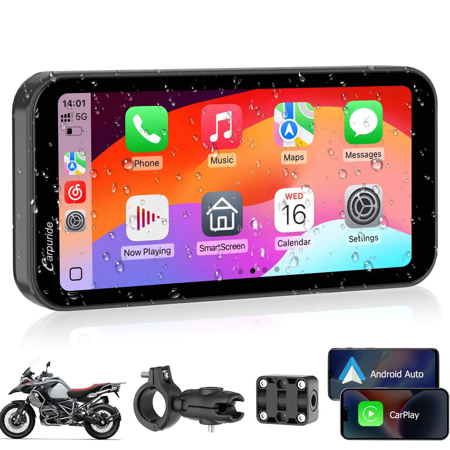 Carpuride W603 Motorrad-Carplay-Bildschirm, Kabelloses CarPlay und Android Auto für Moto, Fernbedienung, 6,3-Zoll-wasserdichter Touchscreen, BT Audio, GPS-Navigation, Siri, G00gle-Assistent