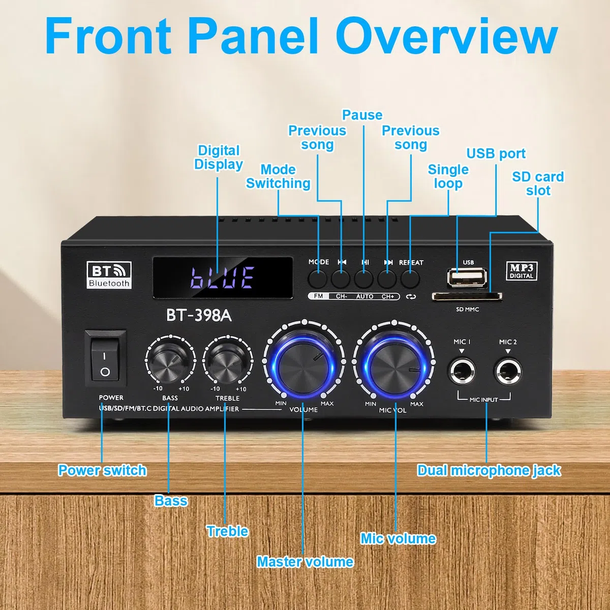 Romicta HiFi Stereo Verstärker 450Wx2 2-Kanal Mini Bluetooth Verstärker UKW-Radio USB SD optisch koaxial