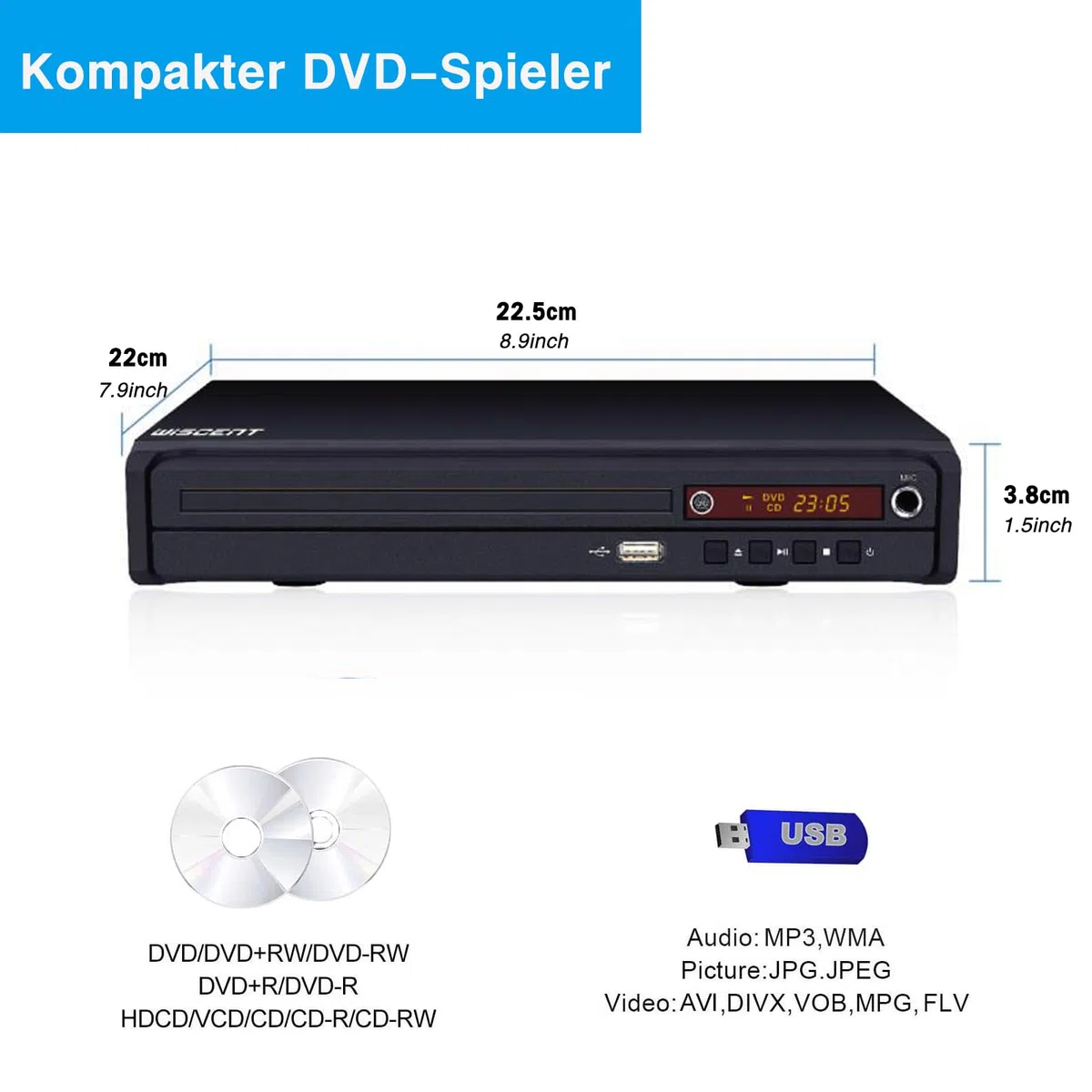 DVD-Player für TV mit HDMI, USB-Eingang – Kompakter Allregion-Player für DVDs & CDs