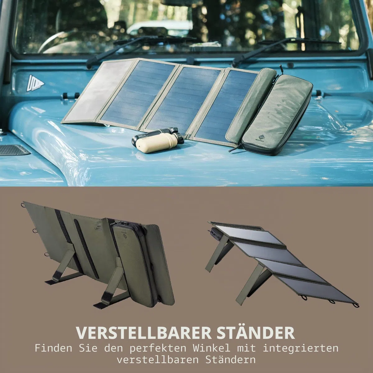 ELECOM NESTOUT Tragbares Solarmodul, Dual-USB-A-Ports, 28 W Stromerzeugungs-Ladegerät für Handy, Camping, strapazierfähiges, wasserabweisendes Ripstop-Nylon, faltbar, leicht, verstellbare Ständer (4