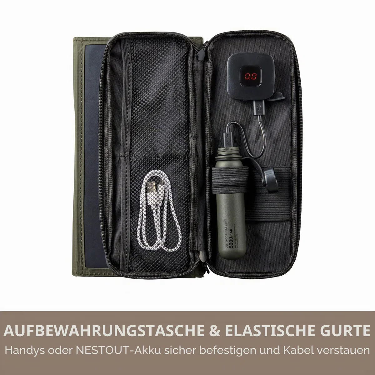ELECOM NESTOUT Tragbares Solarmodul, Dual-USB-A-Ports, 28 W Stromerzeugungs-Ladegerät für Handy, Camping, strapazierfähiges, wasserabweisendes Ripstop-Nylon, faltbar, leicht, verstellbare Ständer (4