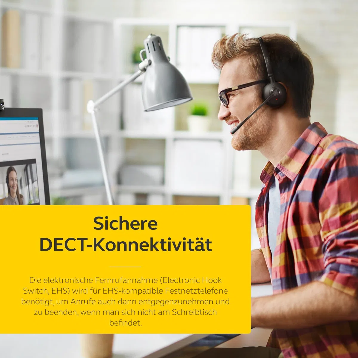 Jabra Engage 75 SE Drahtloses Stereo-Headset für professionelle Anrufe, DECT, 150 m Reichweite, USB-C zu USB-A mit fortschrittlichem Mikrofon mit Geräuschunterdrückung, mit Standfuß, Kabel - Schwarz
