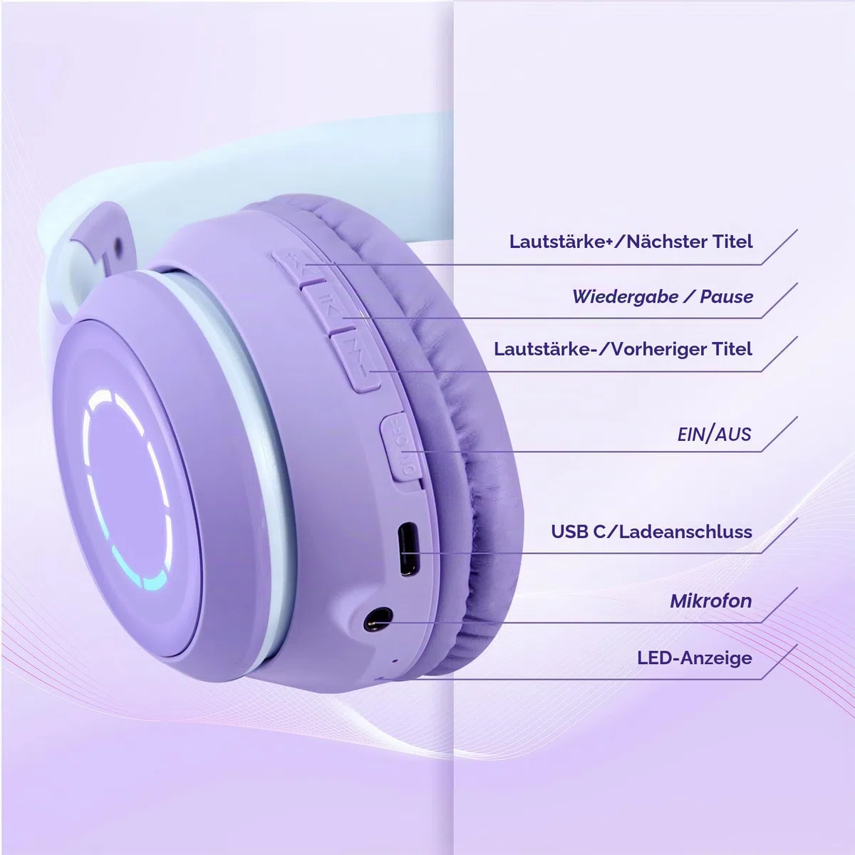 Sendowtek Kinder Kopfhörer, Mädchen Bluetooth Kopfhörer Over Ear Katze Kinderkopfhörer mit Abnehmbarem Mikrofon LED Licht, Faltbare Kabellos Kopfhörer für Kinder Erwachsene Schule/Tablet/PC/Phone