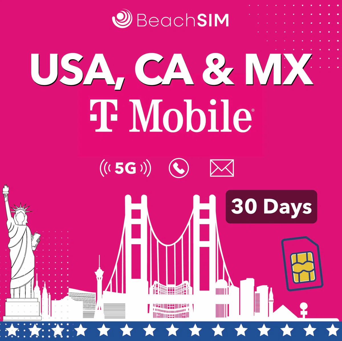 T-Mobile USA CA MEX SIM Karte 30 Tage Unbegrenztes Datenvolumen Anrufe SMS 5 GB
