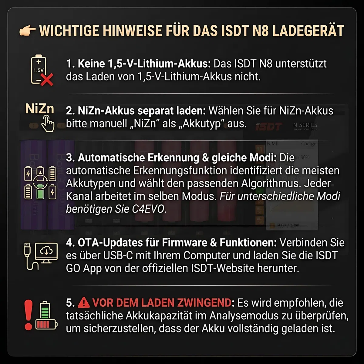 ISDT N8 AA/AAA 8-Steckplatz-Smart-Akkuladegerät mit Analyse-/Entladefunktion LCD-Anzeige NiMH NiCd NiZn LiIon LiHV Eneloop