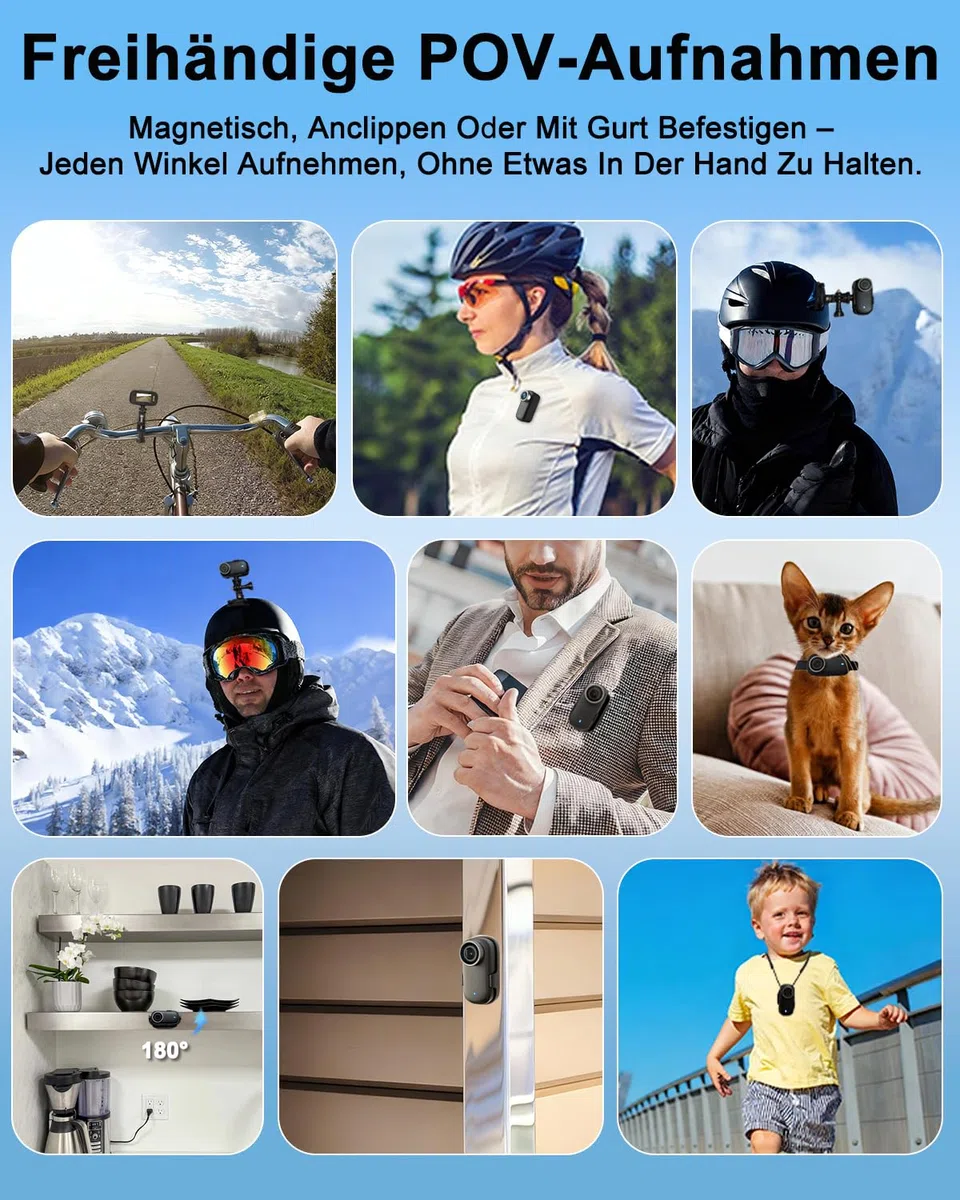 Action Cam, Bodycam 4K mit 64GB Karte, Actionkameras WiFi mit Display, 1200-mAh-Akku Mini Cameras, Magnetisch & Clip Actioncam Wasserdicht IP65 für Helmkamera Motorrad, Loop-Funktion Dashcam Fahrrad