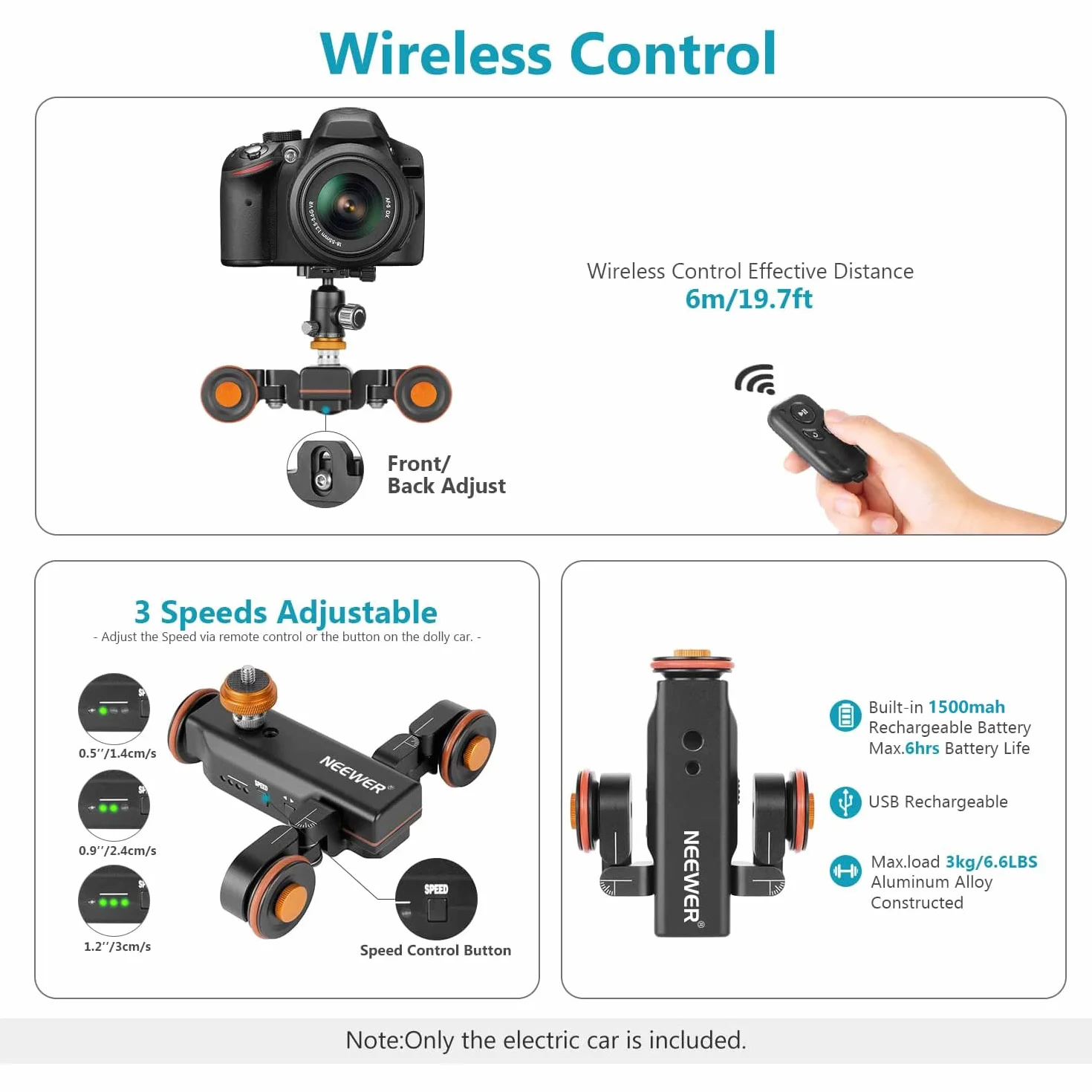 NEEWER 3 Räder Drahtloser Videokamera Stativ Dolly,3 Gang Motorisierte Elektrische Schiene Dolly Auto mit Fernbedienung,Kompatibel mit DSLR Kamera Camcorder Gopro iPhone Smartphone(Schwarz)