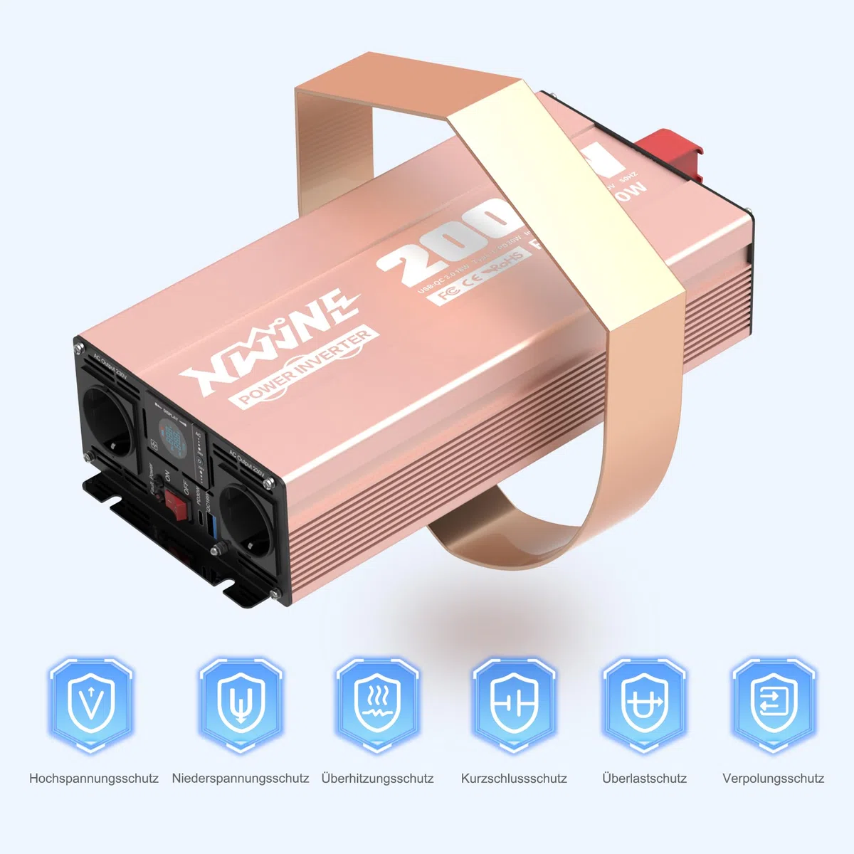 XWJNE Spannungswandler 12V auf 230V, 2000W Reiner Sinus Wechselrichter mit AC-Steckdose, USB-A & USB-C, LCD-Display, für Auto, Wohnmobil & LKW