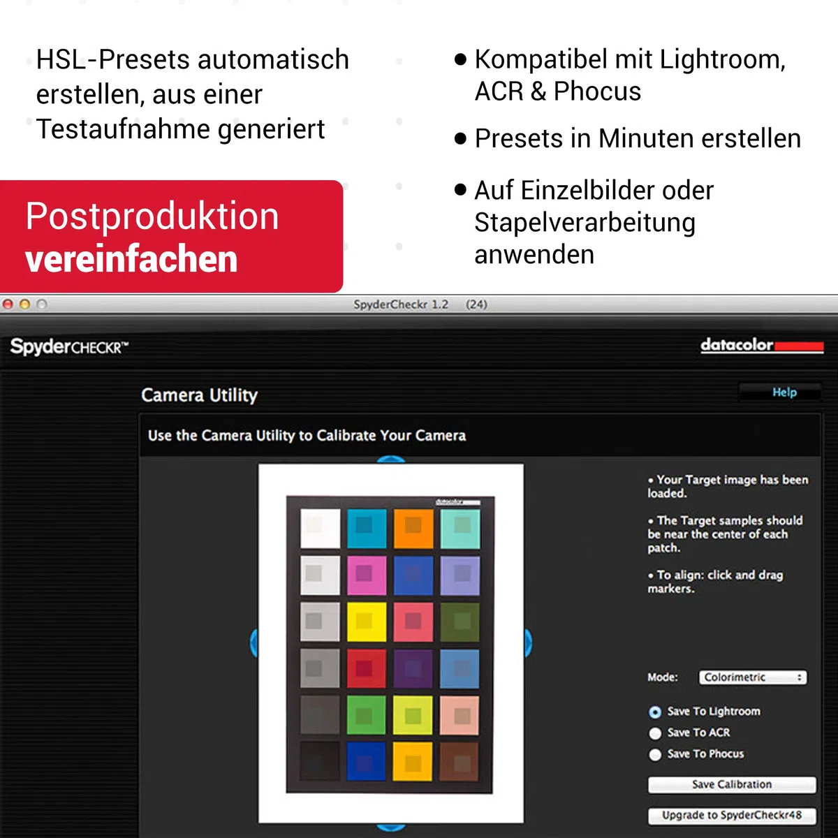 datacolor SpyderCheckr24: Farbkarte zur Kamerakalibrierung incl. Software zur Berechnung von Farbkorrektur-Presets. 24 Farbfelder sowie vollformatige Graukarte auf der Rückseite, schwarz