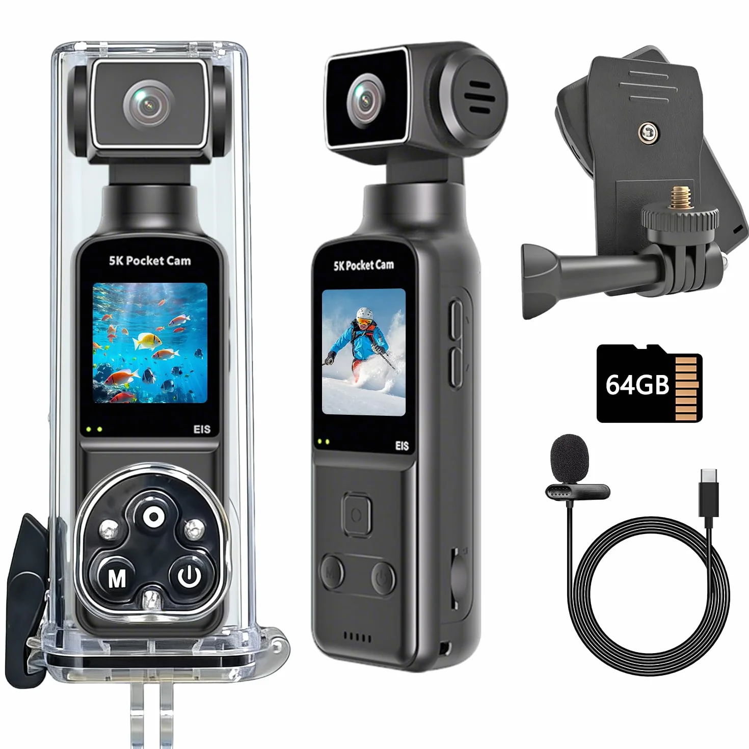 Bodycam Körperkamera mit 270° drehbarem Objektiv, 5K Vlog Kamera mit EIS für POV-Aufnahmen, Reisen und Alltag, inkl. Clip, externem Mikrofon, 64 GB Speicherkarte und wasserdichtem Gehäuse