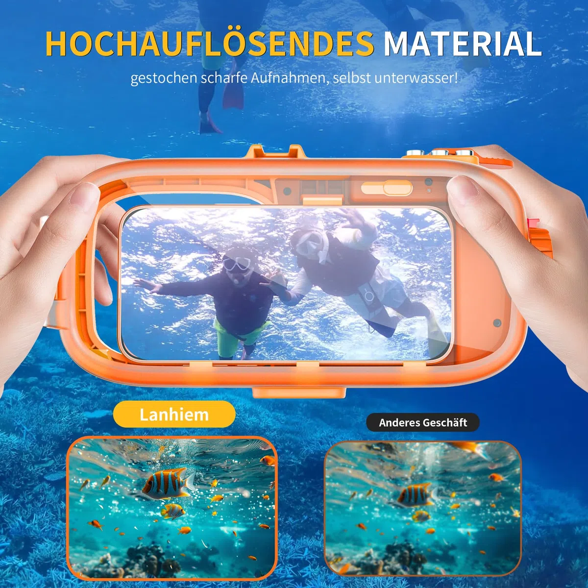 Lanhiem wasserdichte Handyhülle 15M Universelle IPX8 Tauchen Professionelle, kompatibel mit Bluetooth, Unterwasser Hülle für iPhone Samsung XiaoMi Redmi Google und Smartphones 4,7–6,9 Zoll, Orange